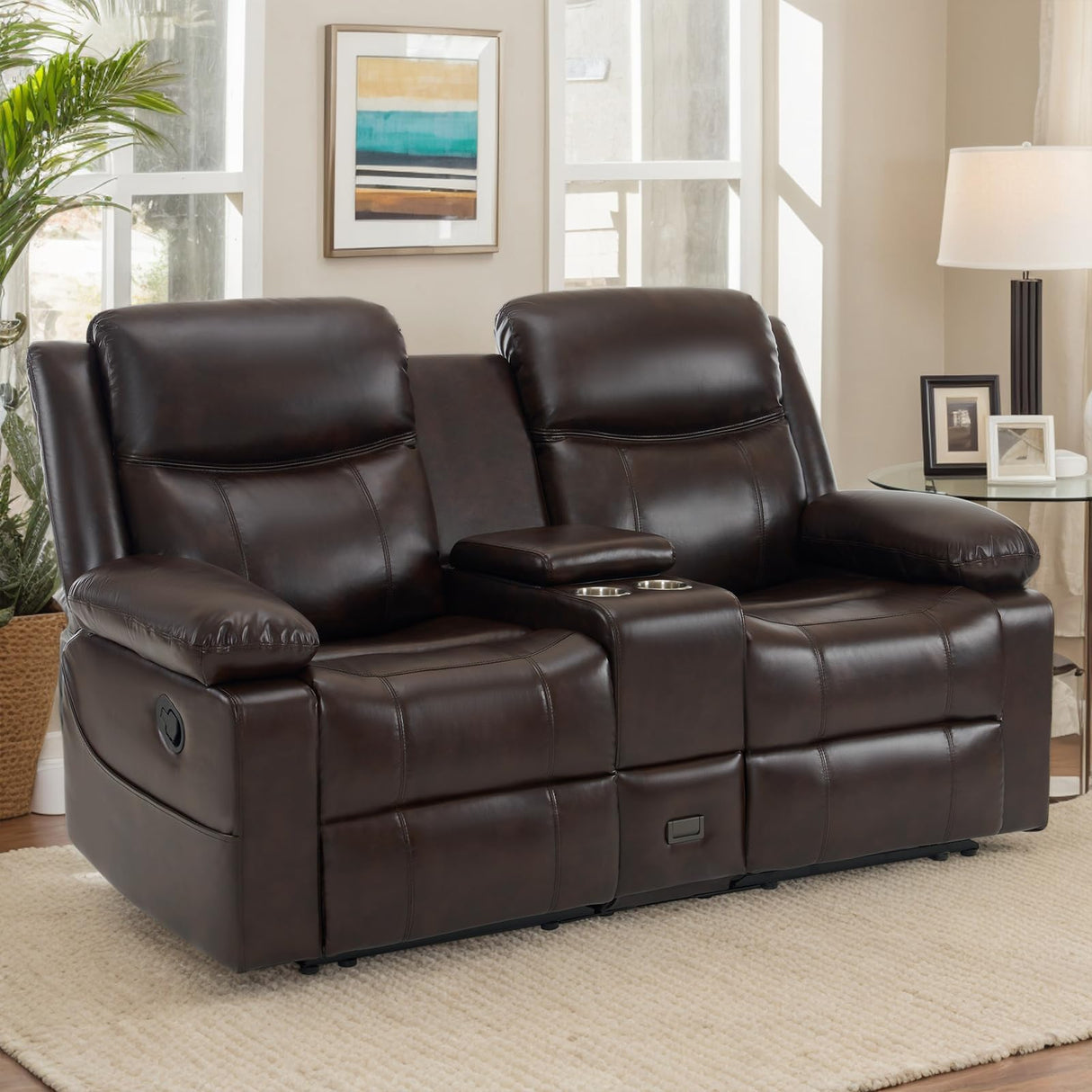 RIHEREFY Loveseat Recliner Sofa with Massage & Heating, Reclining Loveseat with Console, RV Wall Hugger Double Loveseat Recliner Couch for Living Room & Home Theater (Brown) RIHEREFY