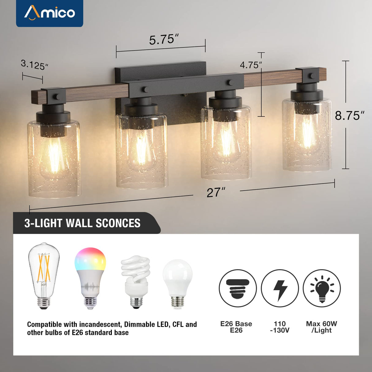 Amico Farmhouse Bathroom Vanity Light Fixtures,Rustic 4-Light Industrial Painted Wood Vanity Lights for Bathroom,Vintage Black Wall Sconces Bathroom Vanity Lighting with Bubble Glass Shade Amico