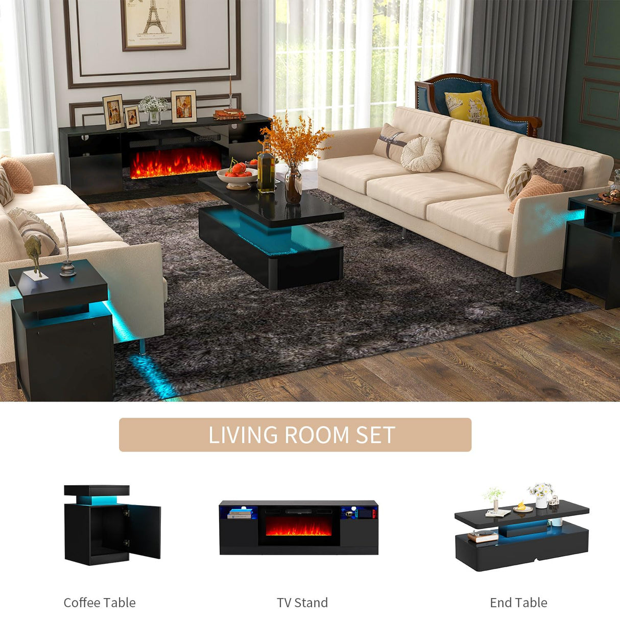 oneinmil 4-Piece Table Set Includes A Modern Coffee Table, A 70 Inch TV Stand with 36 Inch Electric Fireplace and 2 LED Light Nightstands, Elegant Black Tables for Living Room, Bedroom, Black oneinmil