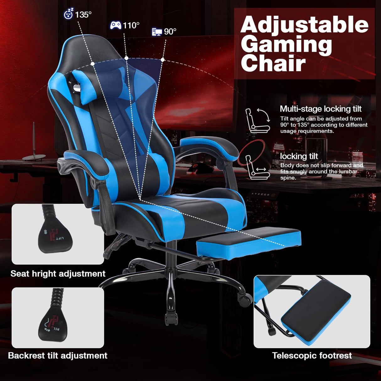 Gaming Chair with Footrest, Ergonomic Computer Chair with Headrest and Lumbar Support, PU Breathable Material Height Adjustable Video Game Chairs for Adults, BlackBlue NIONIK