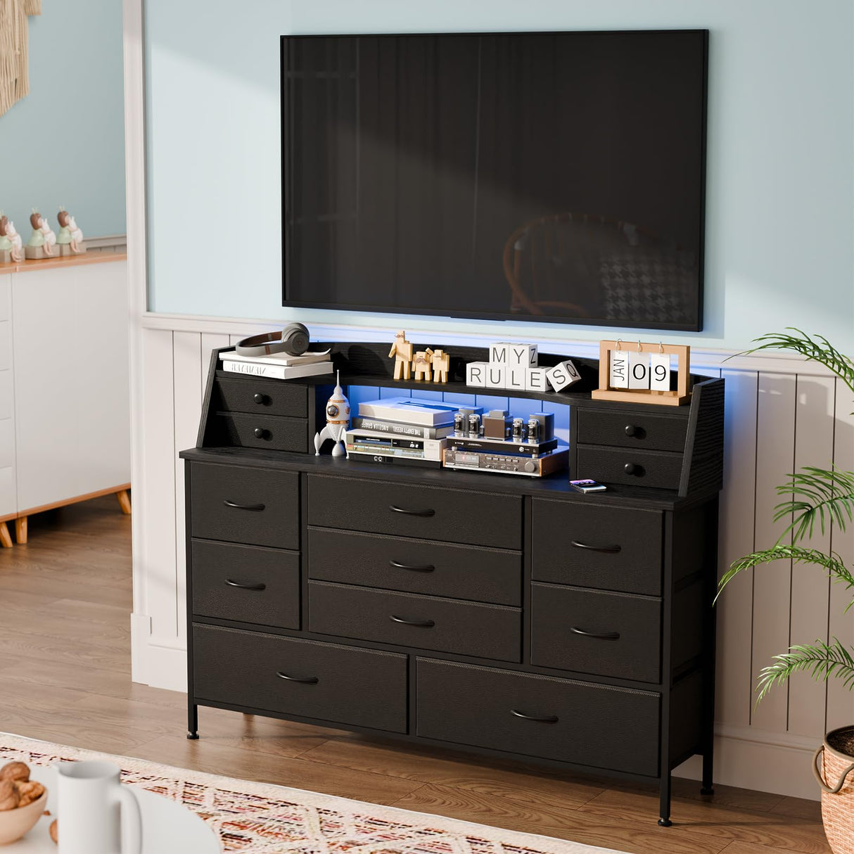 Fixwal Black Nursery Dresser for Bedroom with 13 Drawers, Fabric Chest of Drawers with PU Finish for Kids, Boys, Adults, Nursery, Living Room, Closet, Entryway, Hallway (No LED Lights) Fixwal