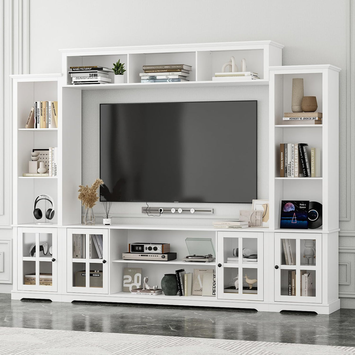 ROMSHINE Wall Unit Entertainment Center, TV Wall Units for Living Room with Storage, 102" W Large Farmhouse TV Stand with Glass Doors, Ajustable Bookshelf & Bridge for Bedroom, White ROMSHINE