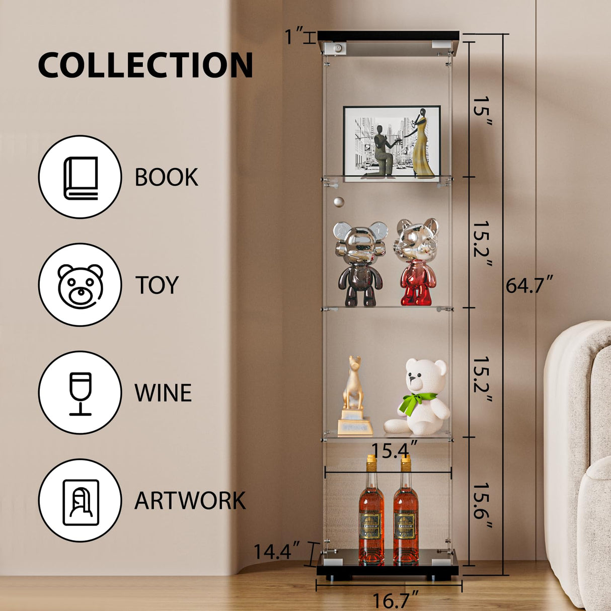 FANYUSHOW Glass Display Cabinet with Door and Lock, Quick-Install Style 4-Shelf Curio Cabinet 5mm Tempered Glass Floor Standing Bookshelf for Living Room, Bedroom, 65" H x 17''L x 14''W (Black) FANYUSHOW