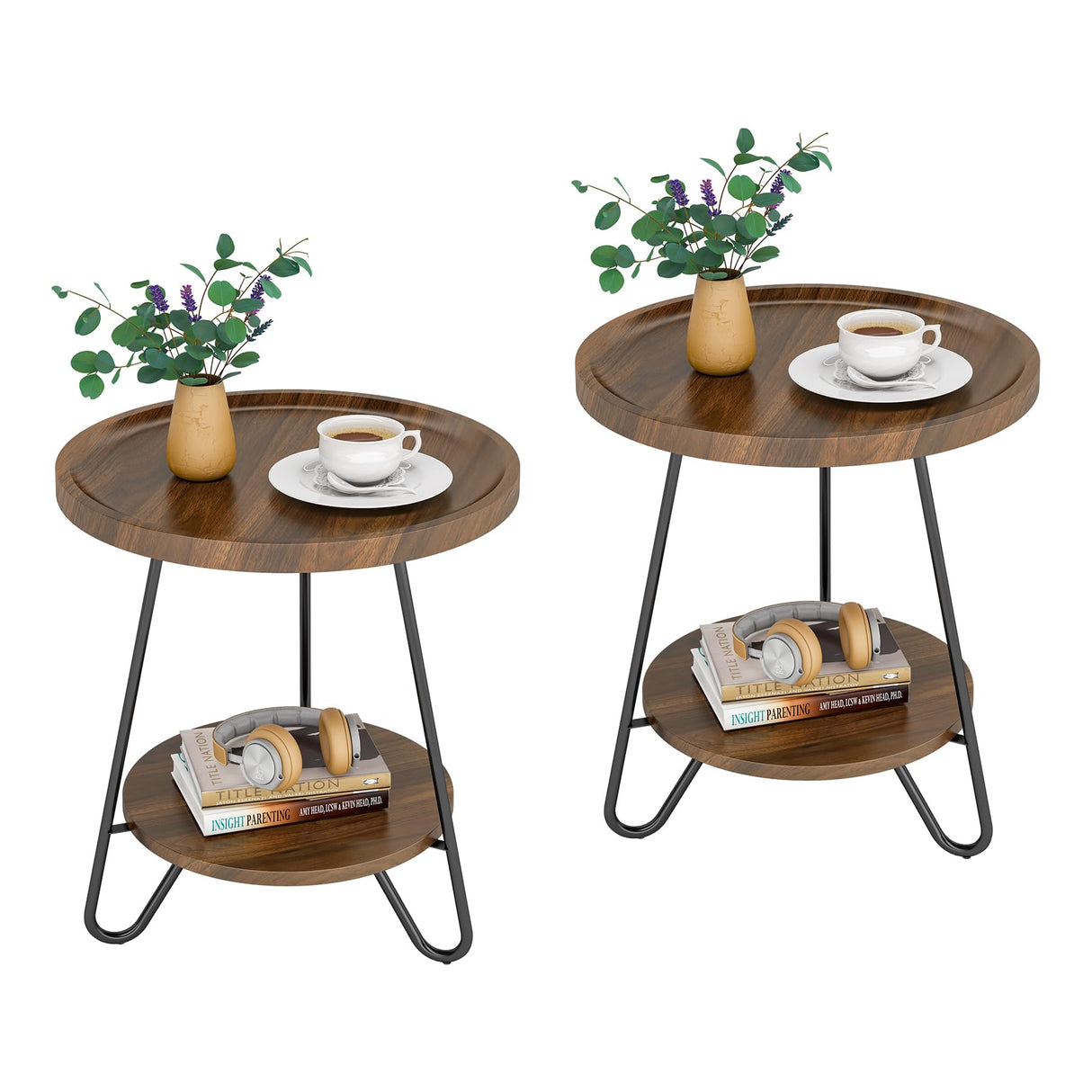 Tribesigns Set of 2 Round Side Table, 2-Tier End Table with Metal Legs, Modern Industrial Beside Table, Small Accent Table Snack Table for Living Room, Bedroom, Small Space, Brown Tribesigns