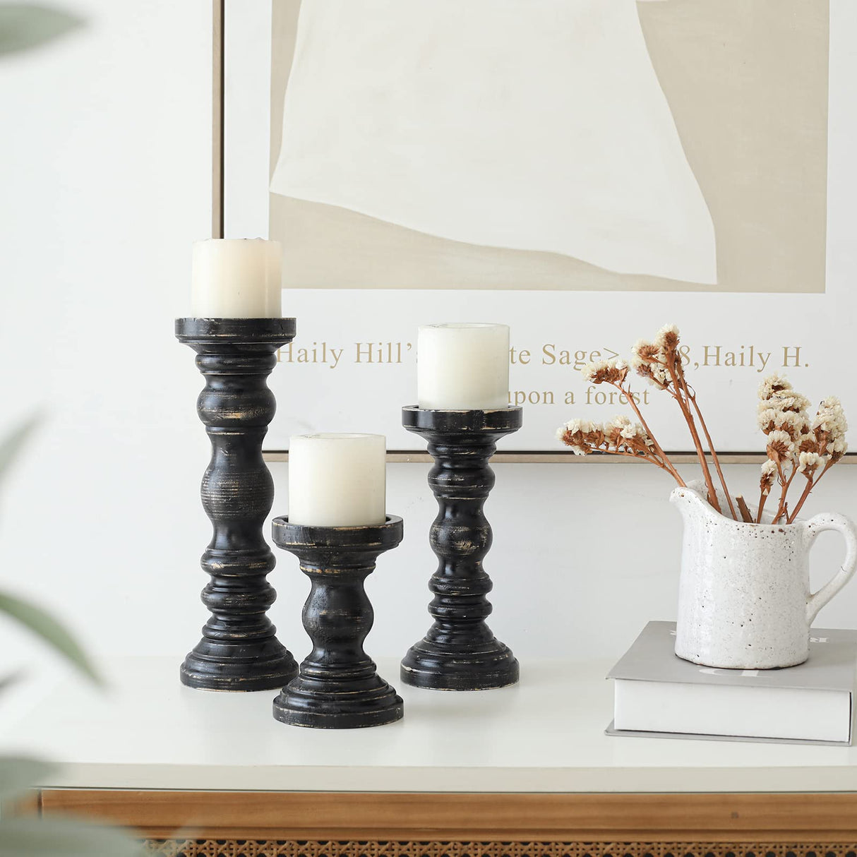 SwallowLiving Rustic Farmhouse Wood Pillar Candle Holder Set of 3 for Candlestick, Black SwallowLiving