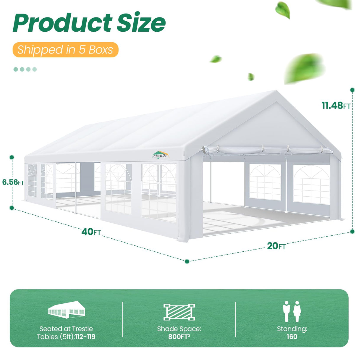 COBIZI Party Tents 20x40 Heavy Duty Waterproof, Tents for Parties with 8 Removable Sidewalls & 4 Built-in Sandbag, Outdoor Wedding Large Tent, UV 50+, White COBIZI