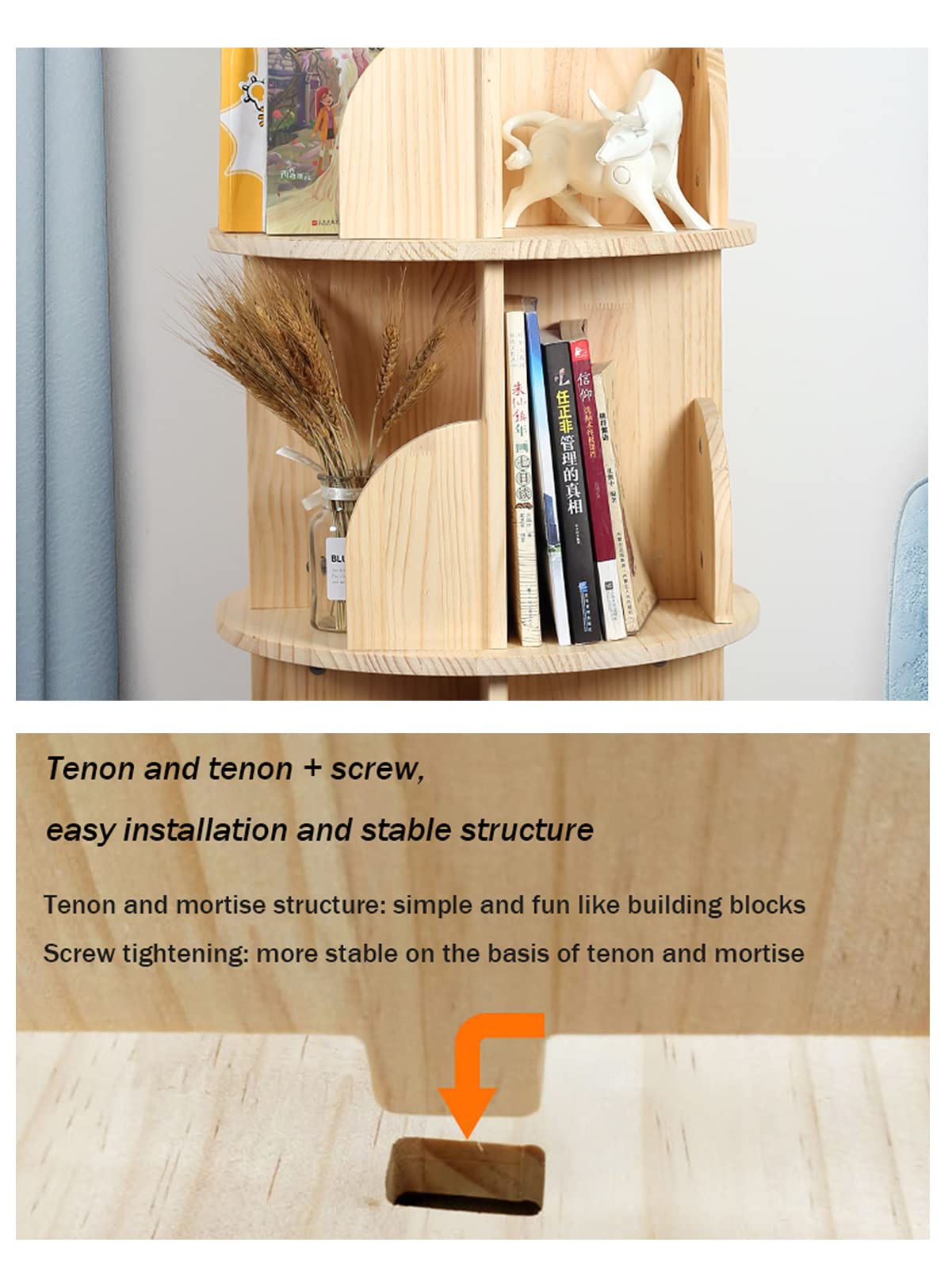 Bear Qiaqia Rotating Bookshelf 360 Degrees, 4 Tier Stackable Solid Wood Bookshelf Organizer, Storage Display Rack Floor Standing Bookcase for Kids&Adults (51"x18"x18")… Bear Qiaqia