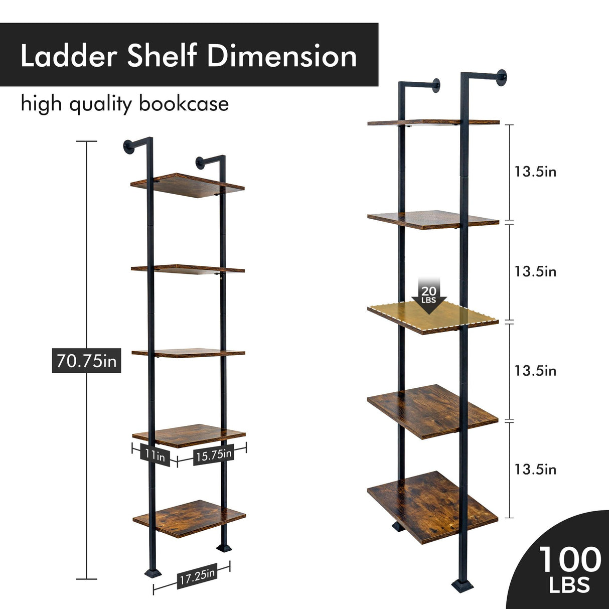 Axeman 5-Tier Ladder Shelf, Tall Narrow Bookcase for Small Spaces, Book Storage Organizer Case for Living Room, Home Office, Study, Industrial Style Black Metal Frame and Rustic Brown Shelf Axeman