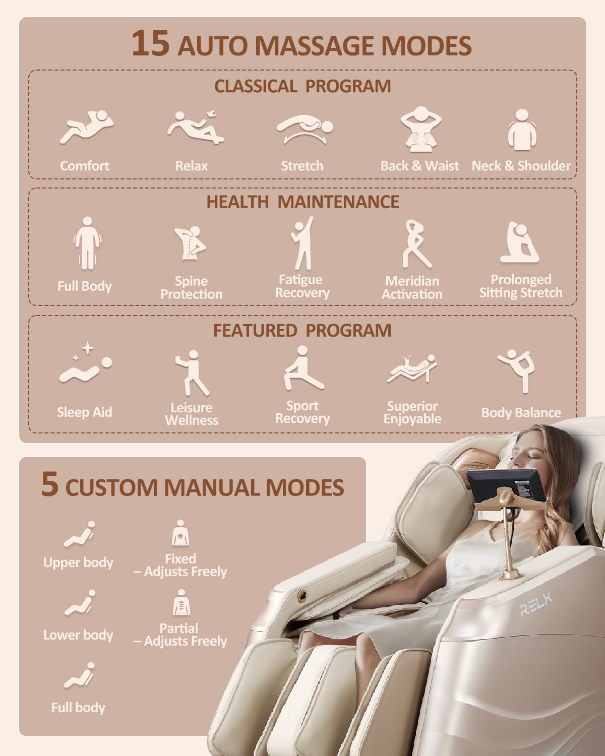 RELX 2026 Massage Chair Full Body, 20 Modes Zero Gravity SL-Track Shiatsu Massage Chair Built-in Heat System, Airbag Massage with Body Scan, Deep Yoga Stretch, Calfrest Extension and AI Control(Cream) RELX