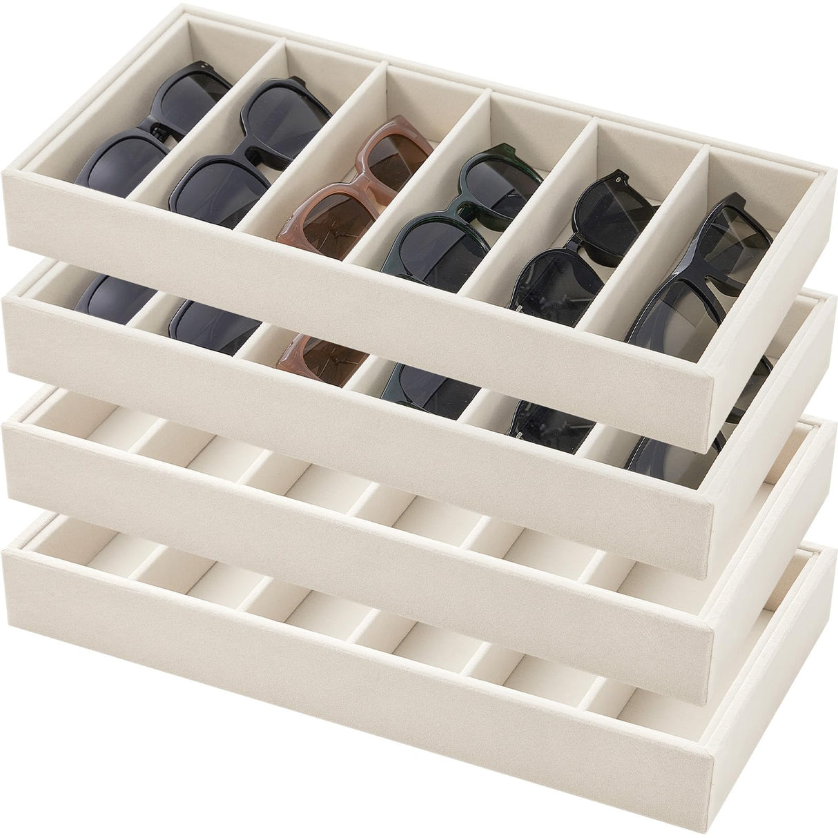 Juexica 4 Pcs Velvet Sunglasses Organizer Tray 6 Grid Sunglass Organizer Velvet Tray Stackable Glasses Display Case for Women Glasses Jewelry Display Watch (Beige) Juexica