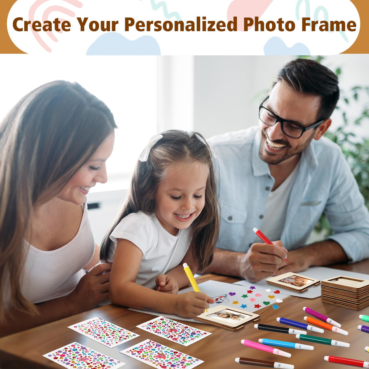 Yalikop 12 Pack Wooden Picture Frames for Crafts Unfinished Magnetic Picture Photo Frame with 12 Watercolor Pencils, Stickers, Mini Wood Fridge Magnetic Frames Display DIY Gifts for Refrigerator Yalikop