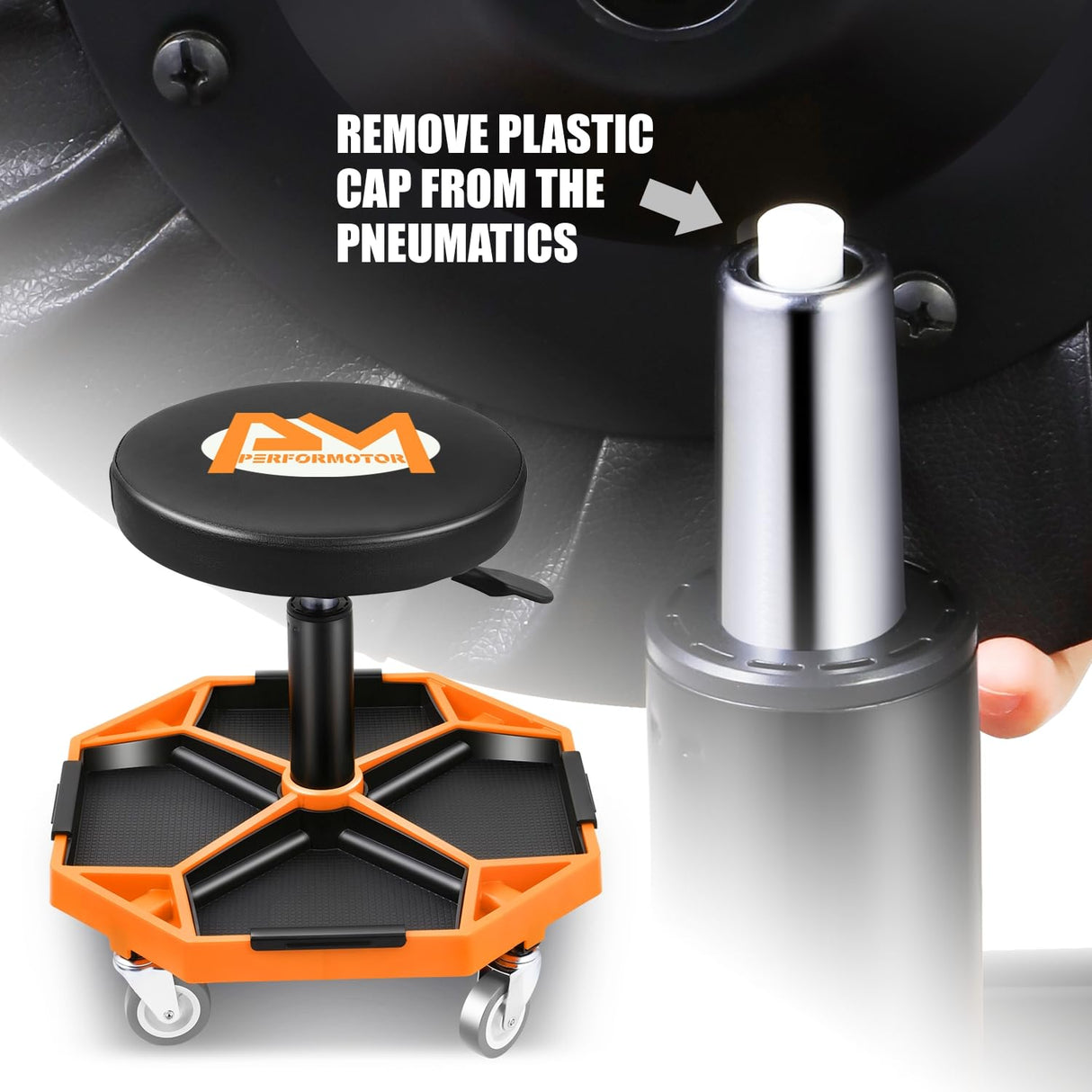 PM PERFORMOTOR Adjustable Height Pneumatic Garage Seat Rolling Mechanic Stool with Tool Tray Storage,300lbs Max Weight Capacity, Orange,PM-TOL-ATS-OG PM PERFROMOTOR