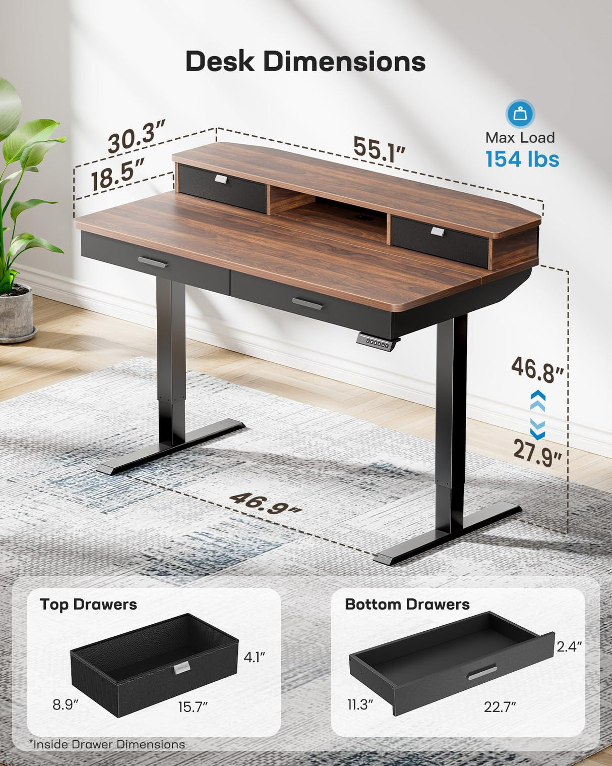 HUANUO 55 x 30 inch Electric Standing Desk with Wood Drawers, Adjustable Height Sit Stand Home Office Desk with Two Tiers, Ergonomic Adjustable Stand up Desk C-Clamp Monitor Mount Compatible, Walnut HUANUO