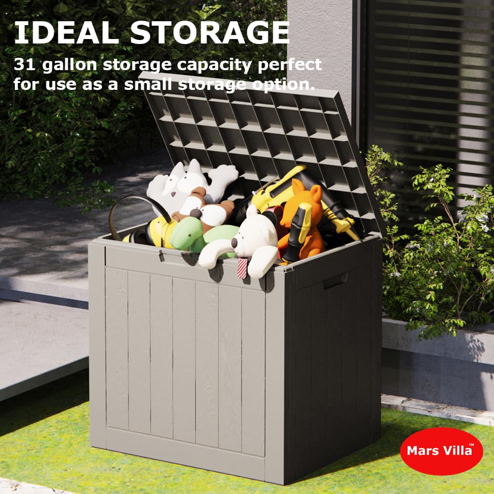 Mars Villa Deck Box, 31 Gallon Resin Indoor and Outdoor Storage Box Waterproof for Patio Furniture Cushions, Pool Supplies, Backyard Toys, Gardening Tools, Weatherproof and UV Resistant (Grey) Mars Villa