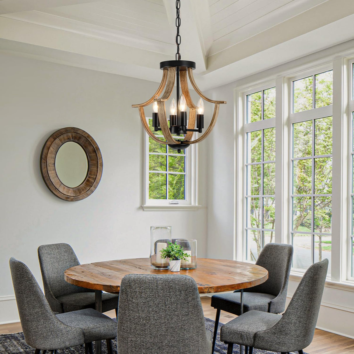 LAMPKEDUO Farmhouse Hanging Pendant Lighting, 4-Light Rustic Flush Mount Ceiling Light Fixture,Modern Faux Wood Vintage Chandelier for Dining Room Kitchen Island Foyer Hallway Entryway Bedroom LAMPKEDUO