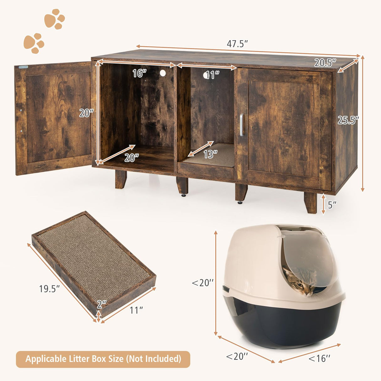 Tangkula Double Cat Litter Box Enclosure for 2 Cats, Large Stackable Hidden Privacy Cat Washroom Cabinet with Scratching Board, Indoor Cat House TV Stand, Litter Box Furniture (Rustic Brown) Tangkula