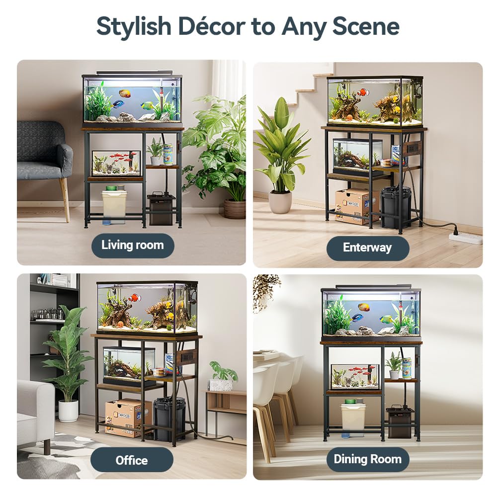 20-29-37 Gallon Fish Tank Stand with Power Outlet, Metal Aquarium Stand with Height-Adjustable Stoarge Shelves, 6-Leg Reptile Tank Stand, 400lbs Capacity PawGiant