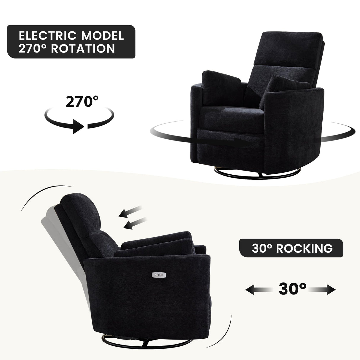 Recliner Swivel Glider Electric Rocking Chair with USB Port,Multifunction Upholstered Power Recliner Rocking Chair for Living Room Bedroom Nursery Adult with 2 Pillows(Black, Power-Driven) choairy