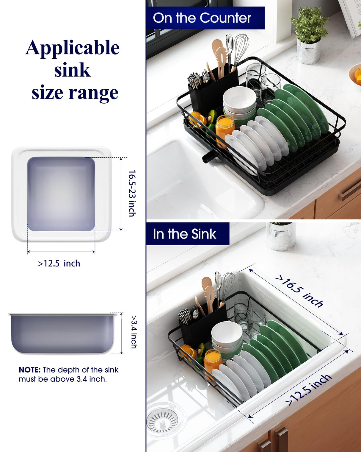 Kitsure Dish Drying Rack- Space-Saving Dish Rack, Dish Racks for Kitchen Counter, Stainless Steel Kitchen Drying Rack with a Cutlery Holder, 12''W x 15''L, Black Kitsure