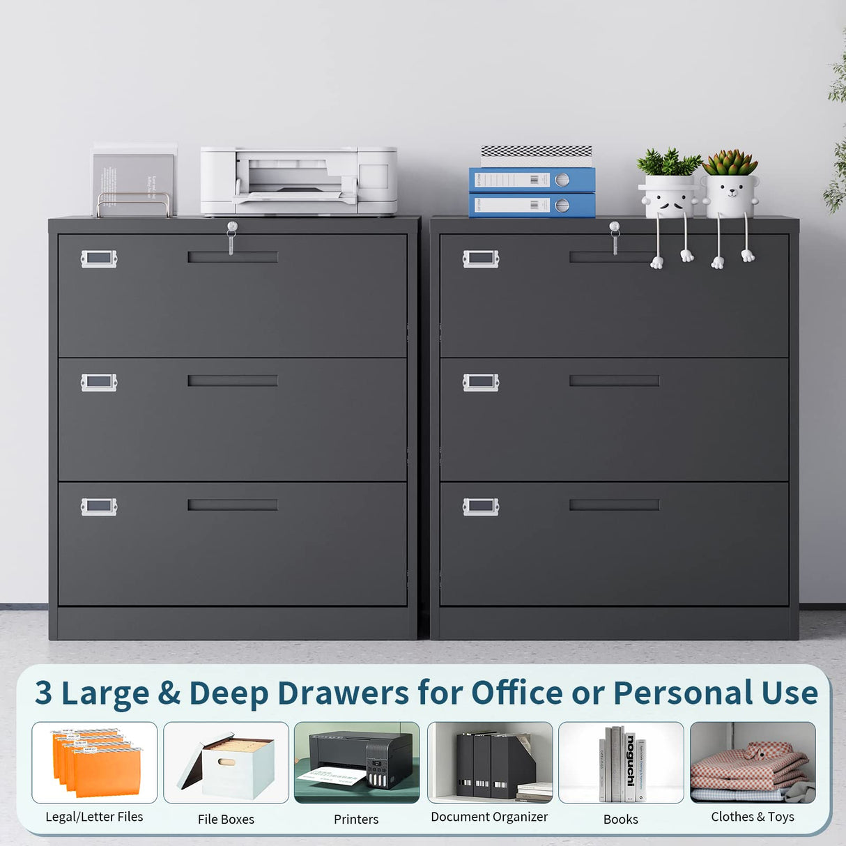 MIIIKO Lateral File Cabinet with Lock, 3 Drawer Lateral Filing Cabinet, Large Deep Drawers Locked by Keys, Metal Storage File Cabinet for Hanging Files Letter/Legal/F4/A4 Size MIIIKO