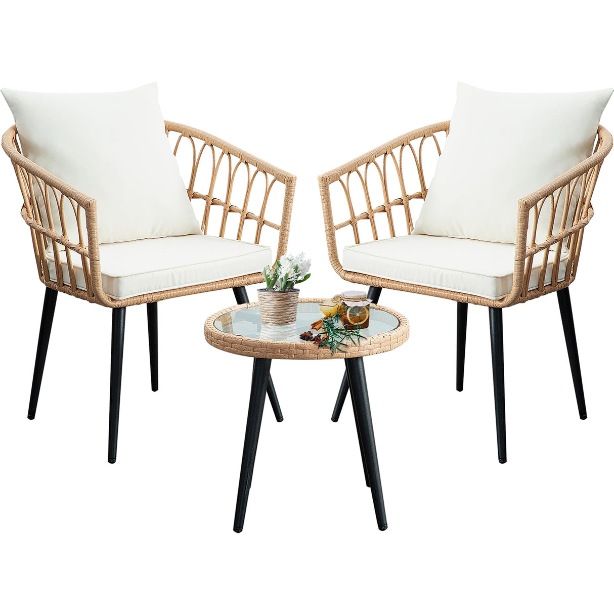 IJIALIFE 3 Pieces Patio Bistro Set, Outdoor Wicker Table and Chairs Set of 2, Rattan Balcony Furniture Set with Cushions for Front Porch Apartment Backyard Deck,Beige IJIALIFE