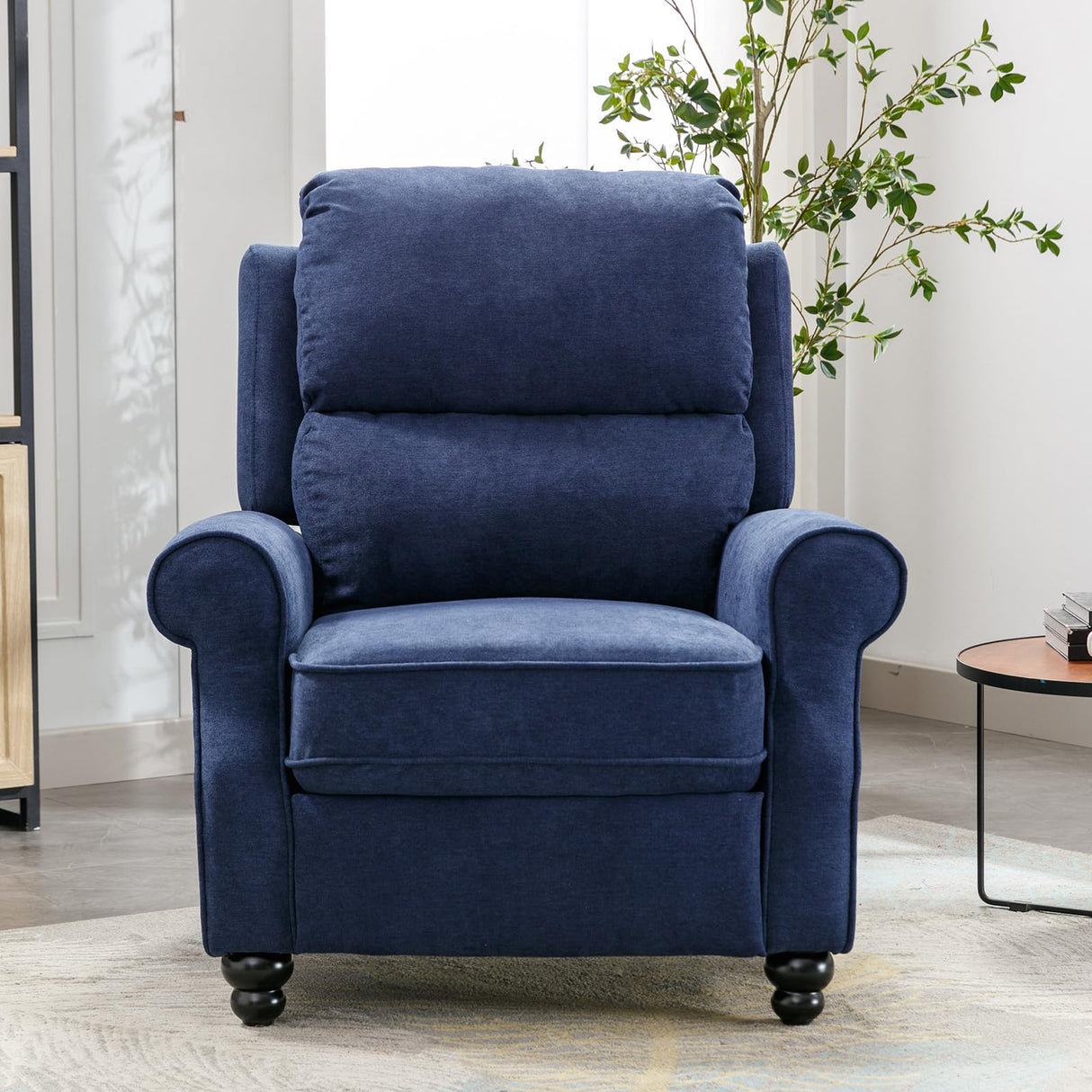 IOMOR Push Back Recliner Chair, Fabric Armchair Overstuffed Pushback Recliner, Heavy Duty Single Sofa Chair with Padded Seat Solid Wood Legs for Living Room (Blue) IOMOR