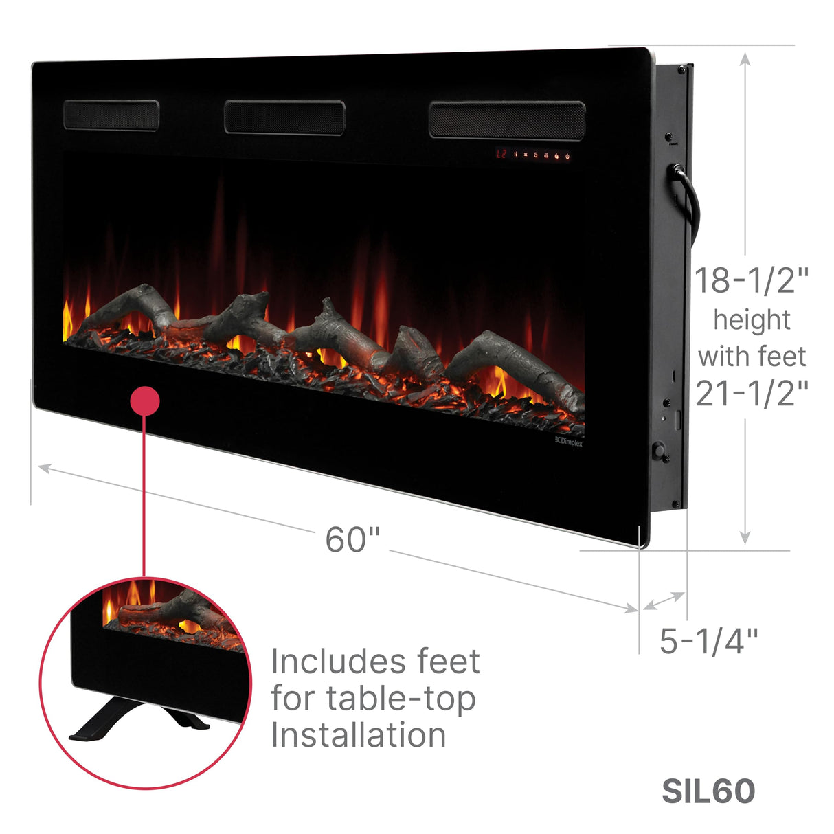 Dimplex Sierra Electric Fireplace Heater, 60" Inch, Black, 1400W - Wall Mounted Linear Fireplace with Realistic Flames, Adjustable Ember Bed, Remote Control - Thin Fireplace for Living Room, Bedroom DIMPLEX