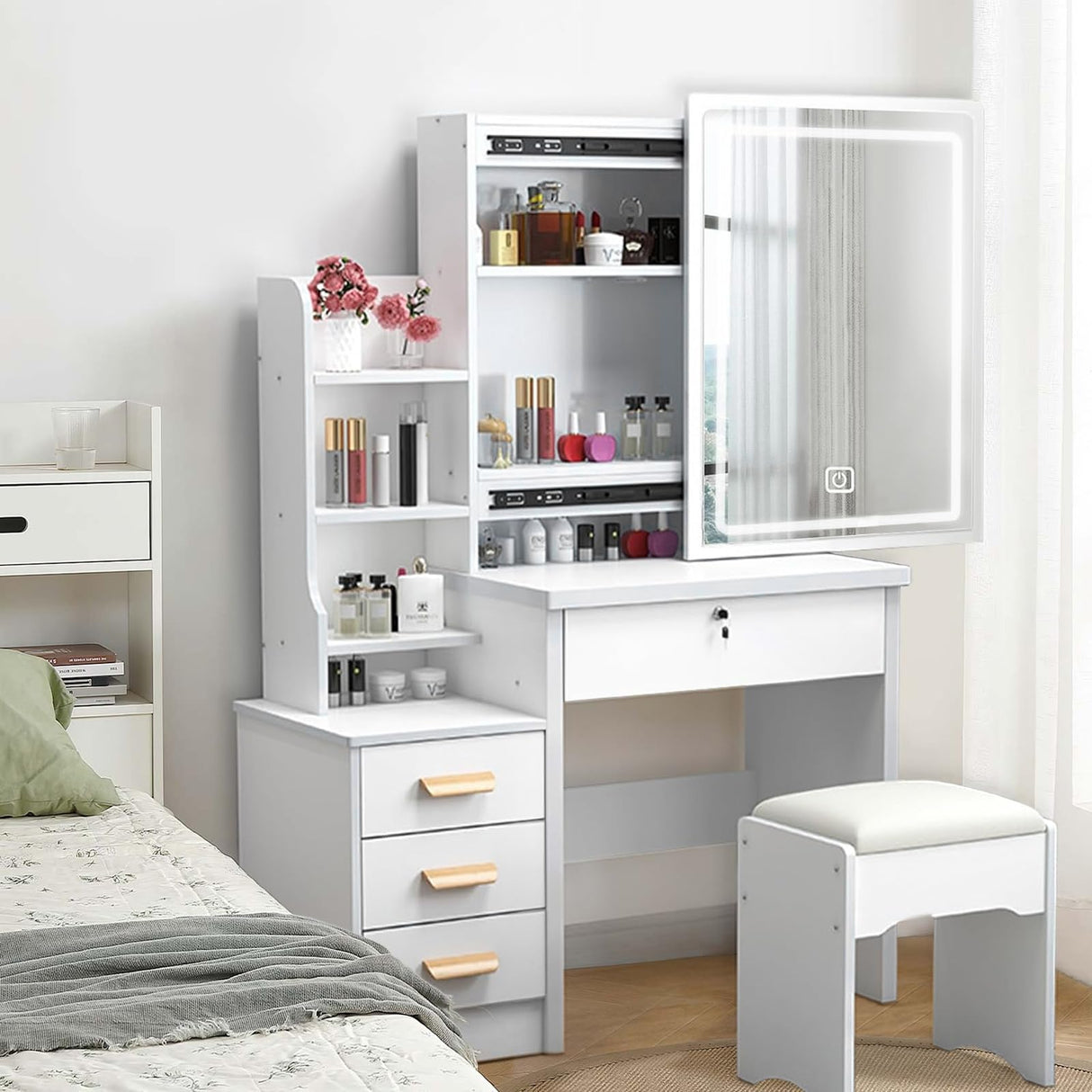 BOSTANA Vanity Desk with Lights,Makeup Vanity with Mirror,Small Vanity with 4 Drawers&Storage Shelves,Vanity Desk with LED Lights,Extra Large Sliding Mirror,3 Lighting Modes,Brightness Adjustable BOSTANA