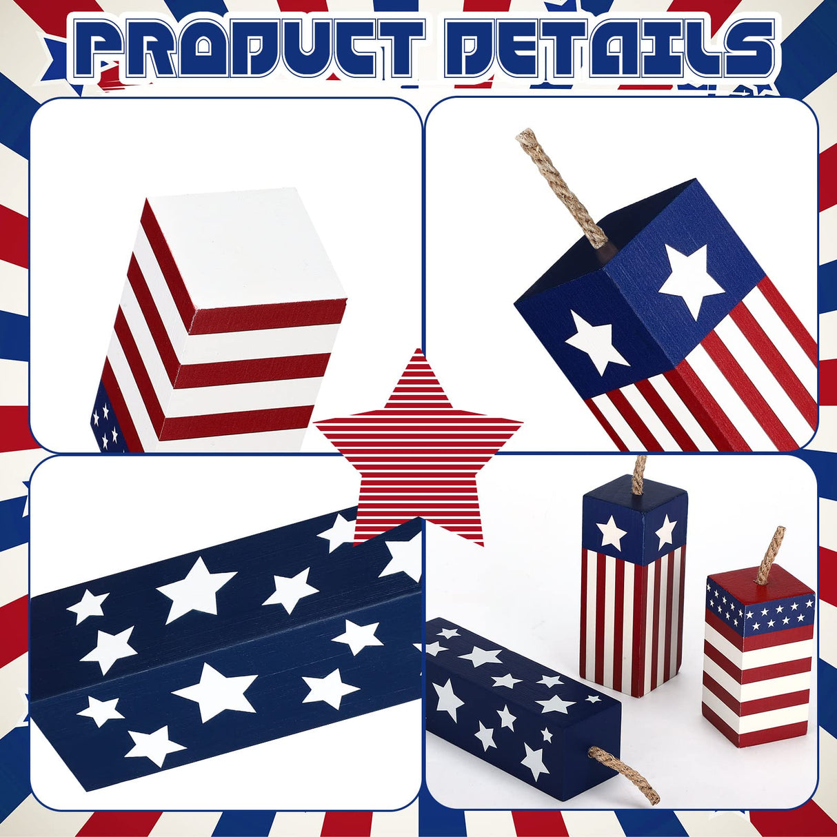 Weysat 3 Pcs Patriotic Wood Block Sign Memorial Day 4th of July Table Decor Glitter Red White Blue Star Signs Firework Tabletop Centerpiece American Flag Independence Day Tiered Tray Decor for Home Weysat