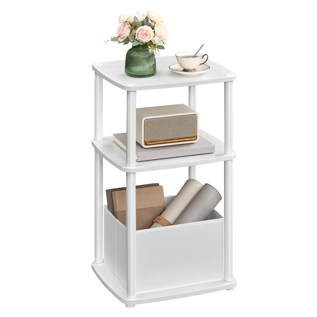 SONGMICS HOME Side Table, 3-Tier Nightstand with Storage, End Table with Fabric Basket, for Bedroom, Living Room, Steel Frame, Superfast Toolless Assembly, Modern, Snow White ULET286W01 SONGMICS HOME
