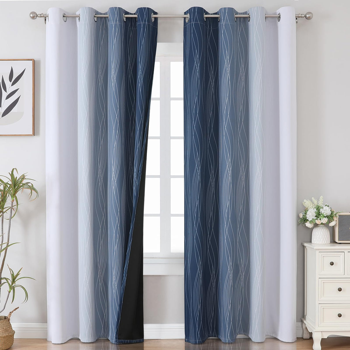 Estelar Textiler Navy Blue and Greyish White Blackout Curtains 108 Inches Long, Thermal Insulated Long Curtains for Bedroom, Full Light Blocking Energy Saving Drapes for Living Room,52Wx108L, 2 Panels Estelar Textiler