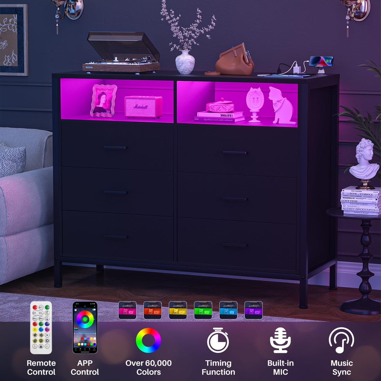 Hyomdeck Black Dresser for Bedroom, 6 Drawer Dresser with LED Lights and Power Outlet, Wood Dresser, Tall Chest of Drawer Storage Organizer, Dresser TV Stand for Living Room, Hallway, Entryway Hyomdeck