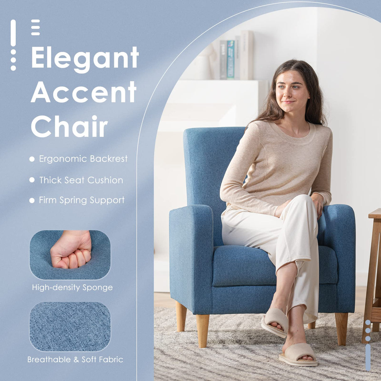 COLAMY Modern Upholstered Accent Chair Armchair with Pillow, Fabric Reading Living Room Side Chair,Single Sofa with Lounge Seat and Wood Legs, Blue COLAMY