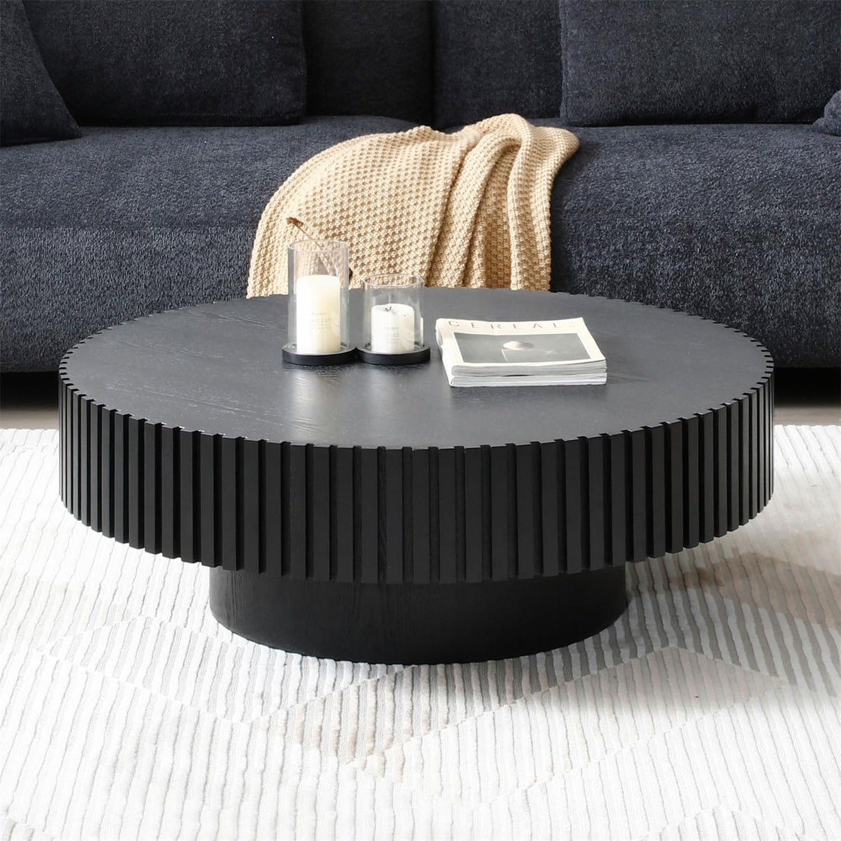 LKTART 31.49'' Matt Black Coffee Table Modern Nesting Round Wood Handcrafted Relief Tea Table with Sturdy Pedestal for Apartment Living Room LKTART