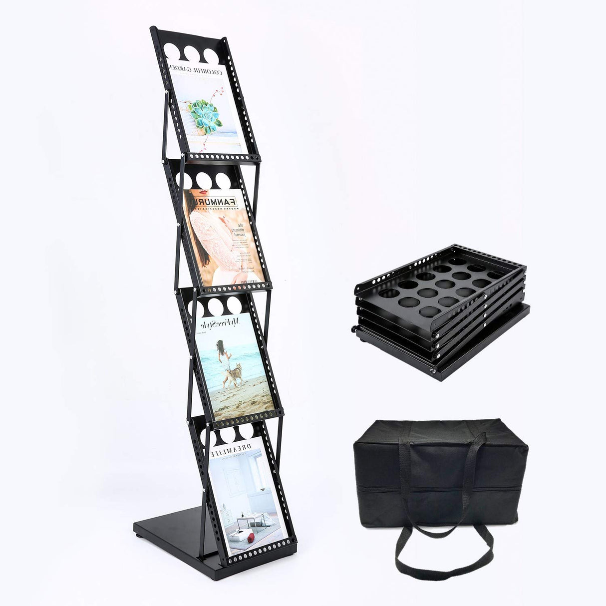 Polmart 4-Tier Brochure Stand. Heavy Literature Display Magazine Rack with Adjustable Pockets. Portable Collapsible Design with Carry Bag for Trade Shows, Offices, Retail Stores (Black) Polmart