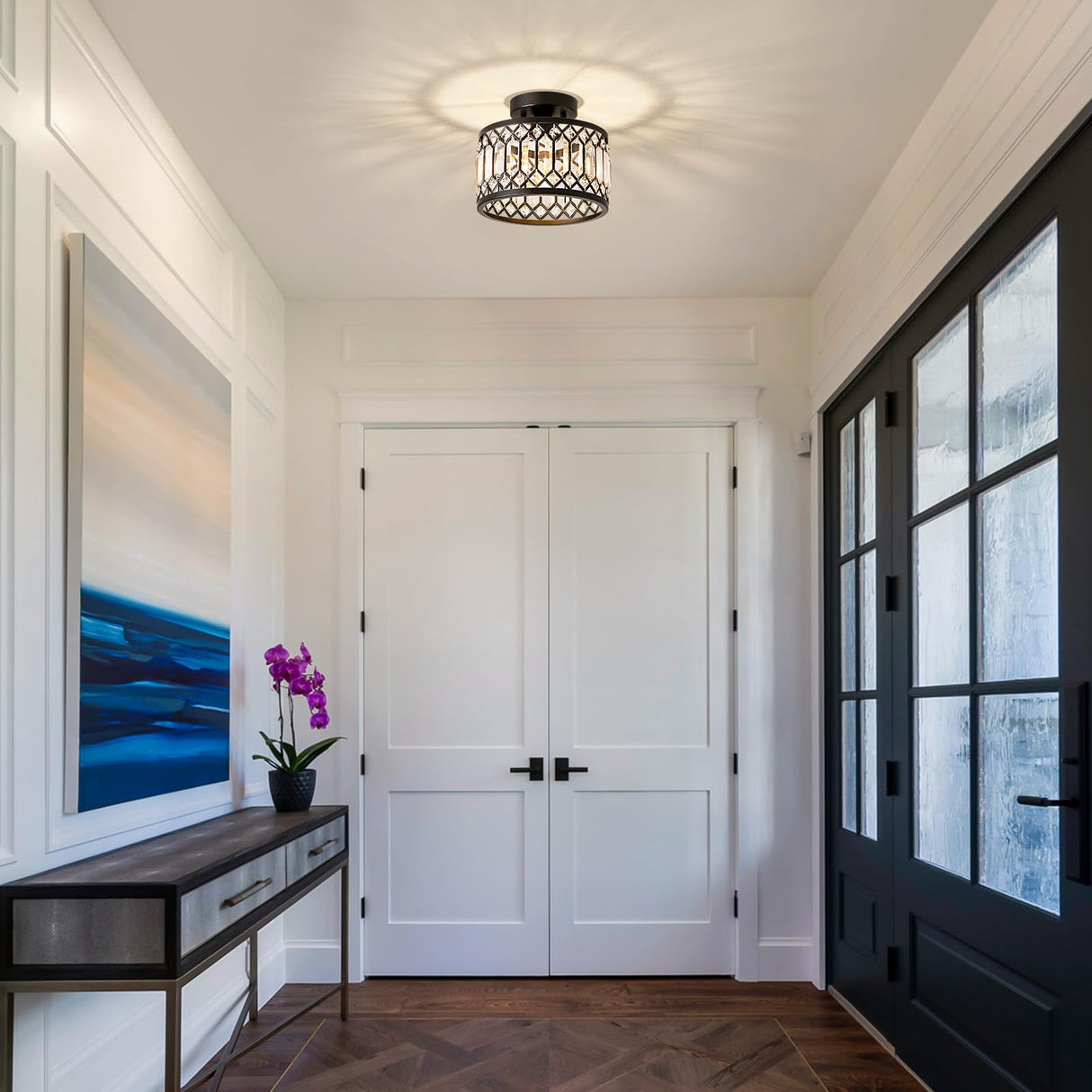 Pevfah Crystal Black Ceiling Light, Modern Semi Flush Mount Ceiling Lighting Fixture, Round Hallway Lighting Fixtures Ceiling for Kitchen Entryway Bedroom Laundry Room, 1-Light, 9 Inch Pevfah