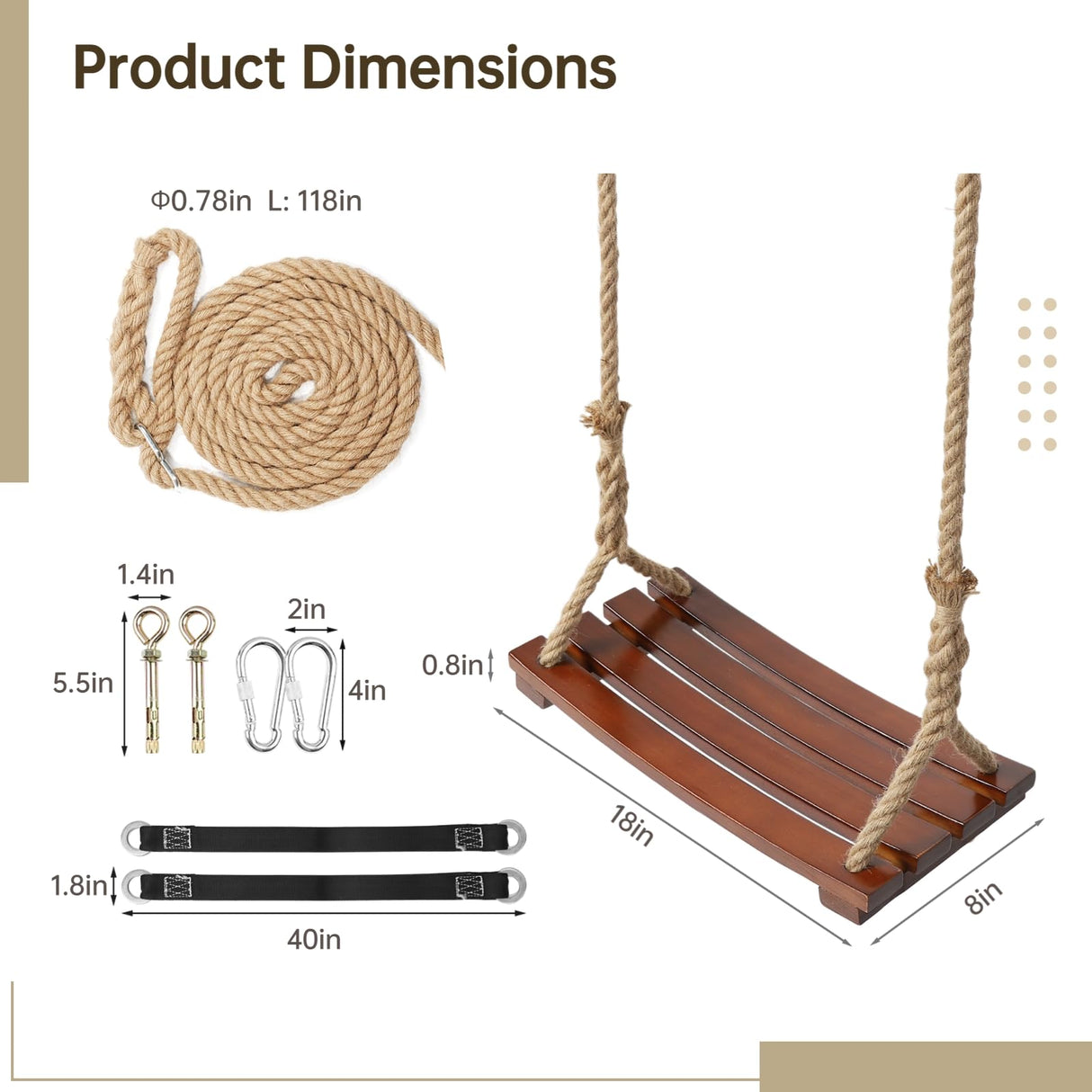 Wooden Tree Swing,500lbs Load Capacity Wooden Swing for Adults & Kids,Adjustable Height,Waterproof Hanging Swing Seat for Indoor,Outdoor,Backyard,Garden,Playground (Chocolate curved swing) BATTIPAW