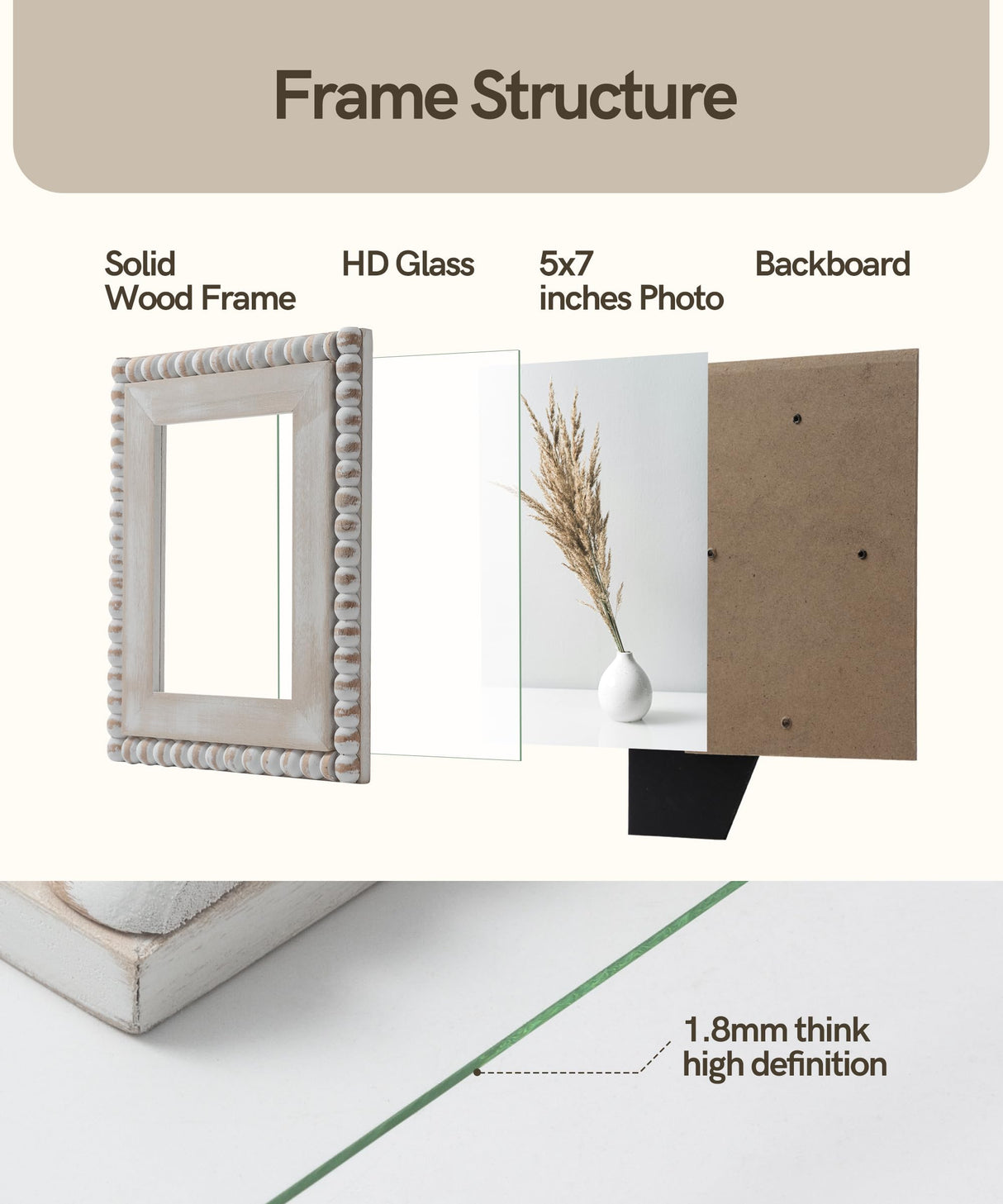 Afuly 5x7 Farmhouse Picture Frame Boho White Beads Photo Frame Wooden Distressed Wall Hanging Desk Standing Decor Artwork Personalized Birthday Gifts for Family, Couple, Friends Afuly