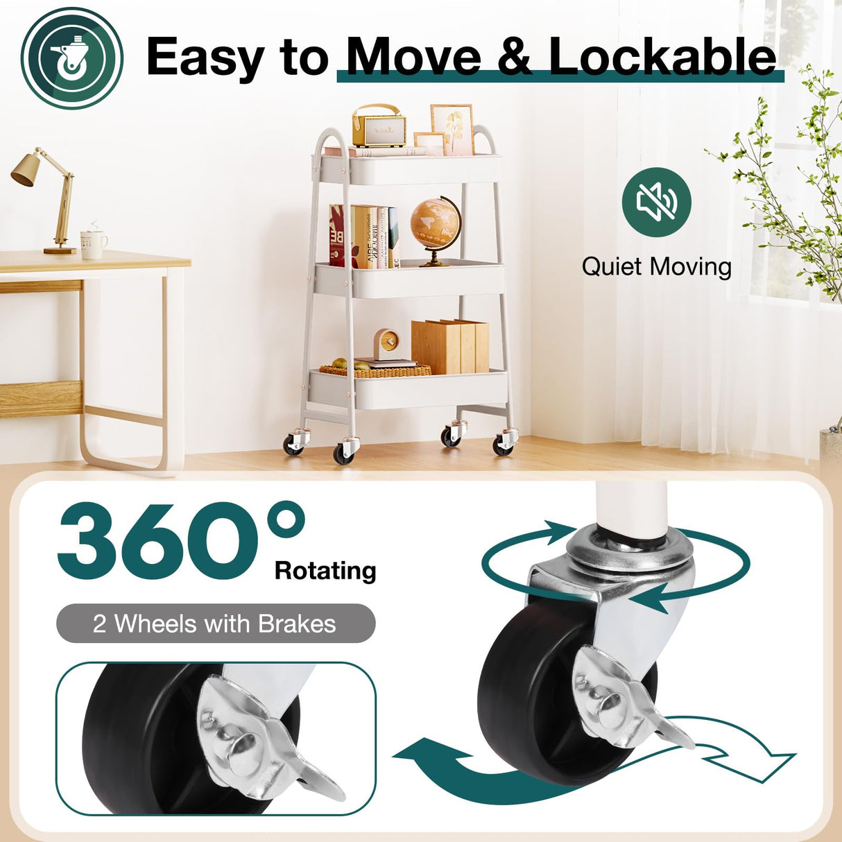 SMUG 3 Tier Rolling Cart - Metal Utility Carts on Lockable Caster Wheels, Mobile Storage Shelves Organizer for Livingroom, Bathroom, Kitchen, Bedroom & Narrow Places, White SMUG
