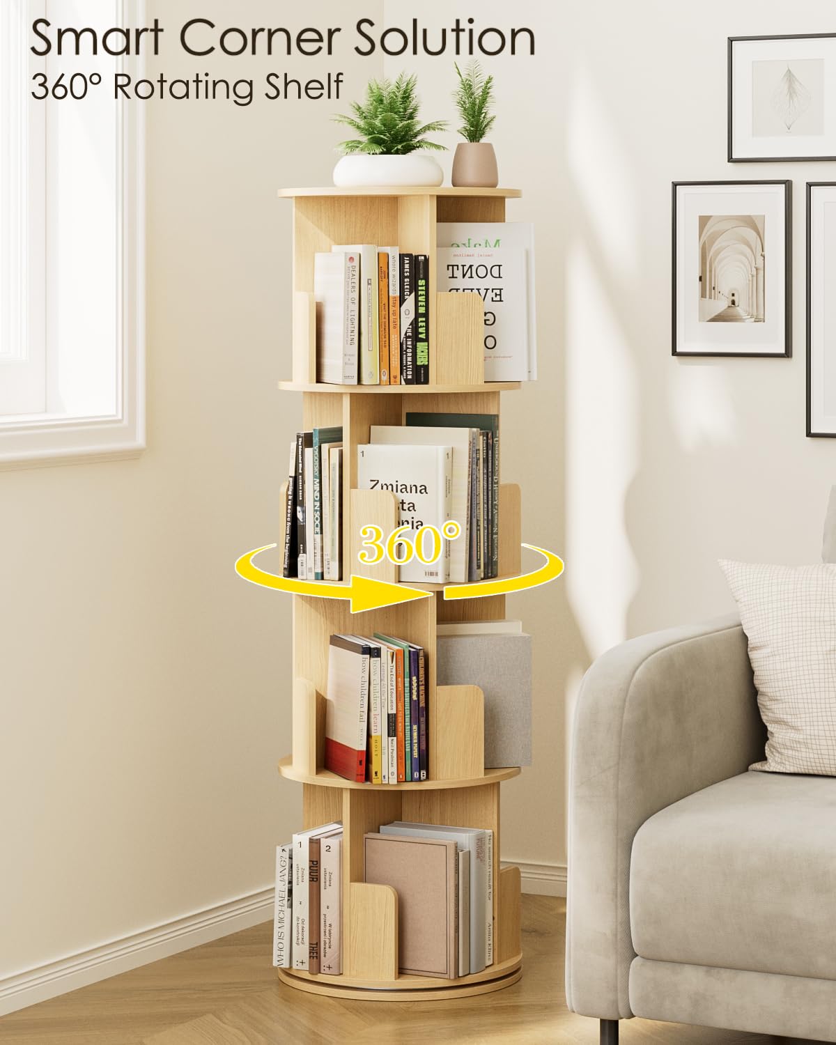 Masupu Rotating Bookshelf, Tall 4 Tier Rotating Spinning Bookshelf Tower, 360 Spinning Floor Standing Bookcase Storage Rack, Conner Rotating Book Shelf for Kids Rooms, Bedroom, Living Room Masupu