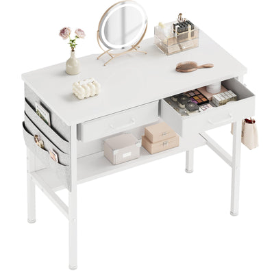 Maihail Small Vanity Desk no Mirror, Small Makeup Vanity, Compact Vanity with Storage, Vanity Desk with Drawers, Mini Vanity with Shelves, White