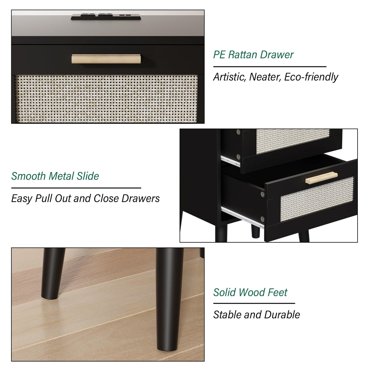 Ltysh Nightstand with Charging Station,Rattan Night Stand with Solid Wood Legs, Bedside Table with USB Ports & Outlets Bed Side Table,End Table for Bedroom,Living Room(Black) Ltysh