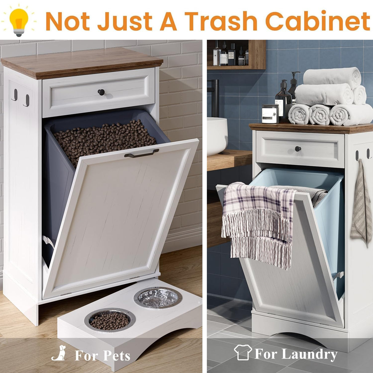 NEWOWNDS Tilt Out Trash Can Cabinet 10 Gallon Hidden Trash Garbage Can Cabinet with Drawer,Waterproof Cutting Board,Pet Proof Hidden Garbage,Pet Feeding Bowls for Kitchen,Laundry Bathroom,White NEWOWNDS
