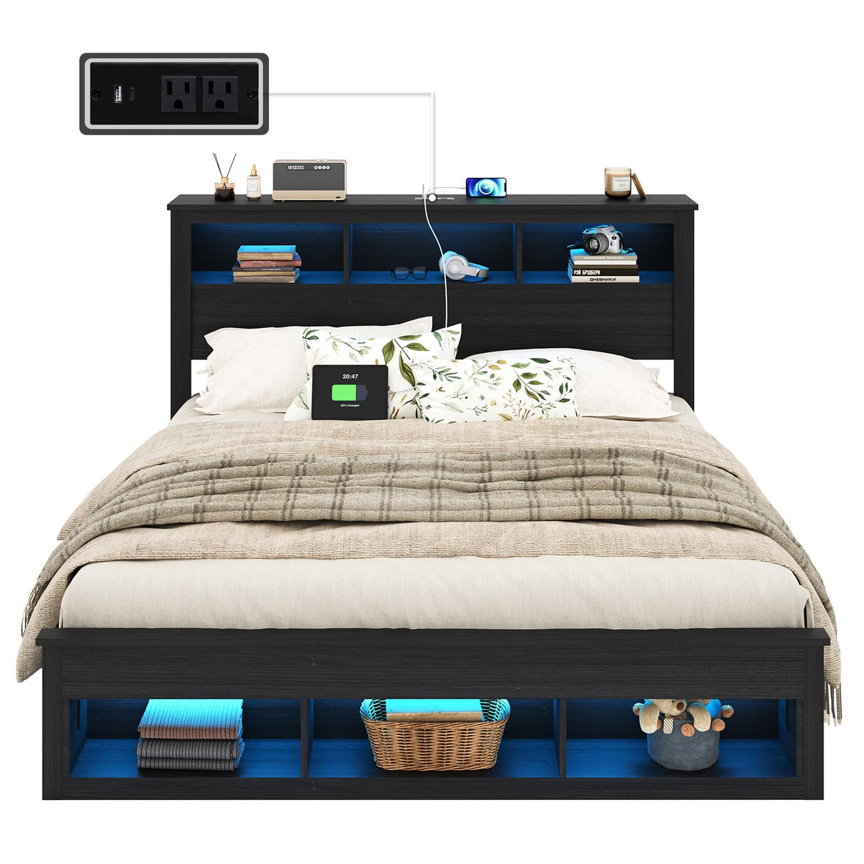 Albott King Size Farmhouse Bed Frame with Storage Bookcase Headboard and Footboard, Storage Wood Platform Bed Frame with Wood Slats Support, Noiseless LED Bed Frame, No Box Spring Needed, Black Albott