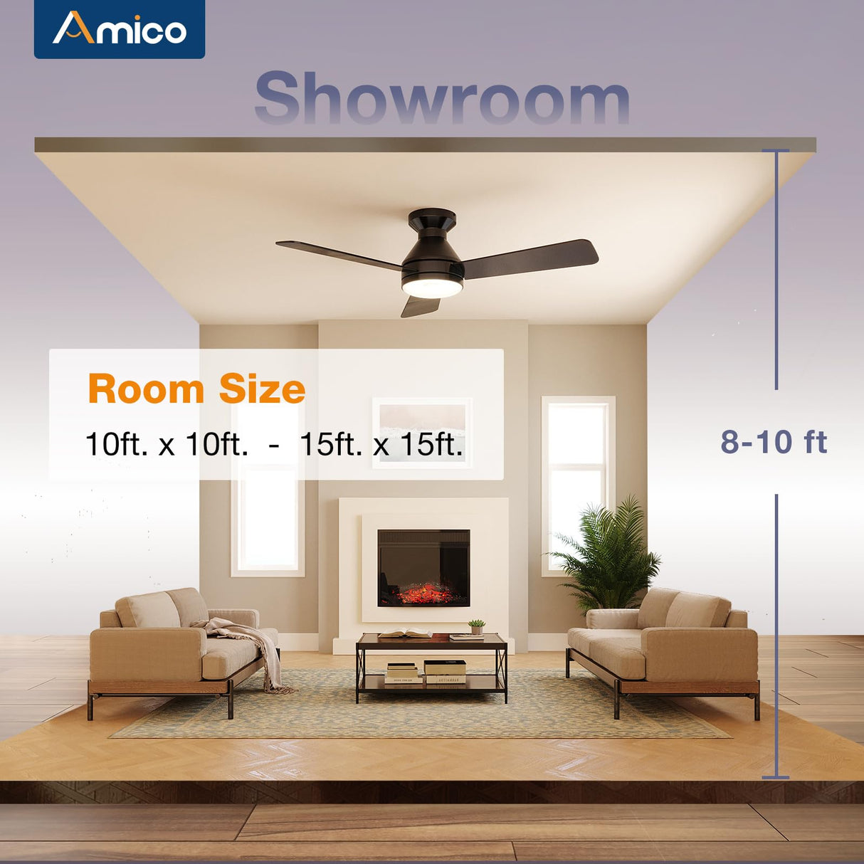 Amico Ceiling Fans with Lights, 42 inch Low Profile Ceiling Fan with Light and Remote Control, Flush Mount, Reversible, 3CCT, Dimmable, Noiseless, Black Ceiling Fan for Bedroom, Indoor/Outdoor Use Amico