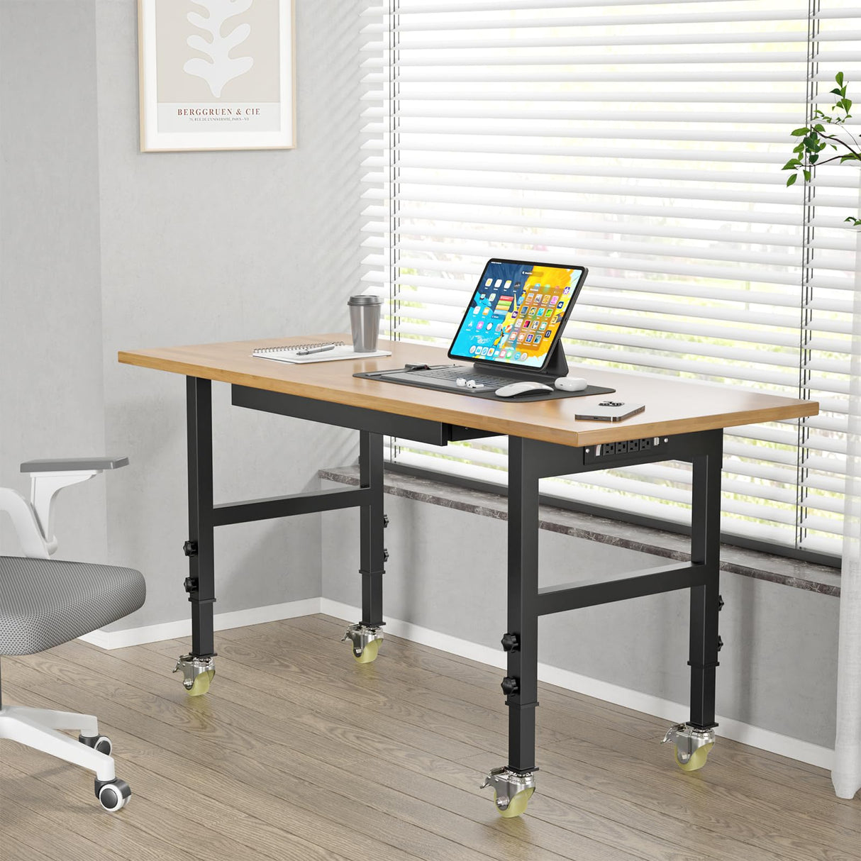 60" Adjustable Heavy Duty Work Bench with Drawers, Rubber Wood Top Workbench, Rolling Worktable with Power Outlet and Wheels, 2200 Lbs Capacity Hardwood Workstation for Garage, Workshop, Office, Home OAKANDO