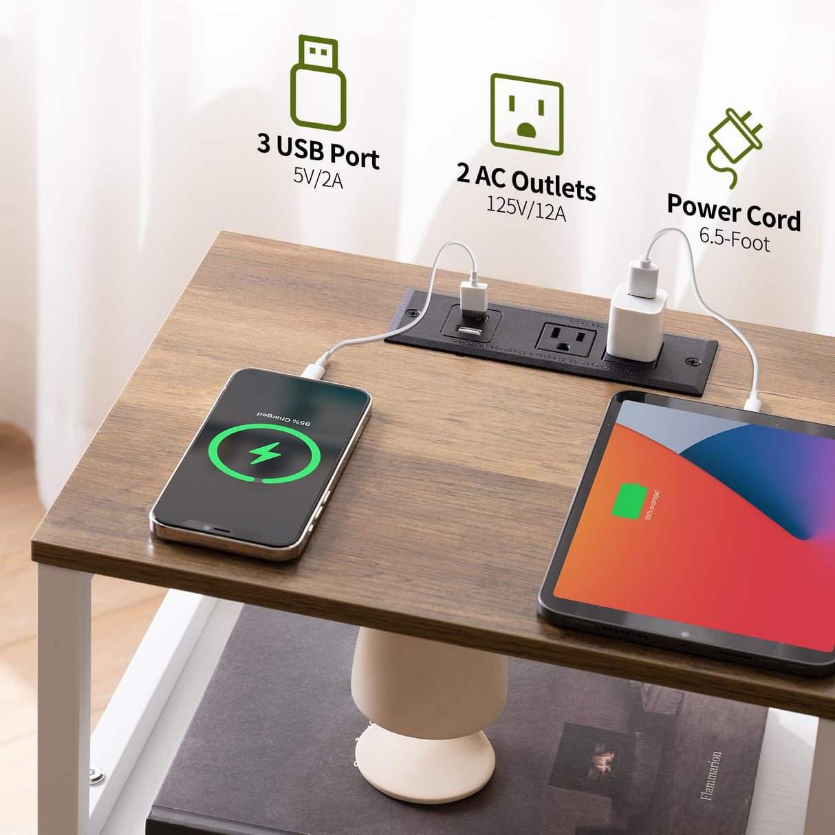 Yoobure Farmhouse Nightstand with Charging Station, Wood Night Stand End Table with USB Ports, LED Bed Side Table with Storage Cabinet, Bedside Table for Bedroom, Living Room White Yoobure