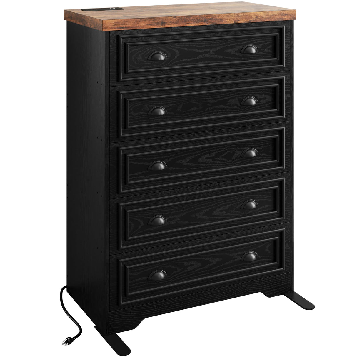 LIKIMIO 43" Tall 5 Drawers Dresser for Bedroom, Power Strip, Farmhouse Large Wood Dressers & Chest of Drawers with Wide Storage Cabinet, Black LIKIMIO