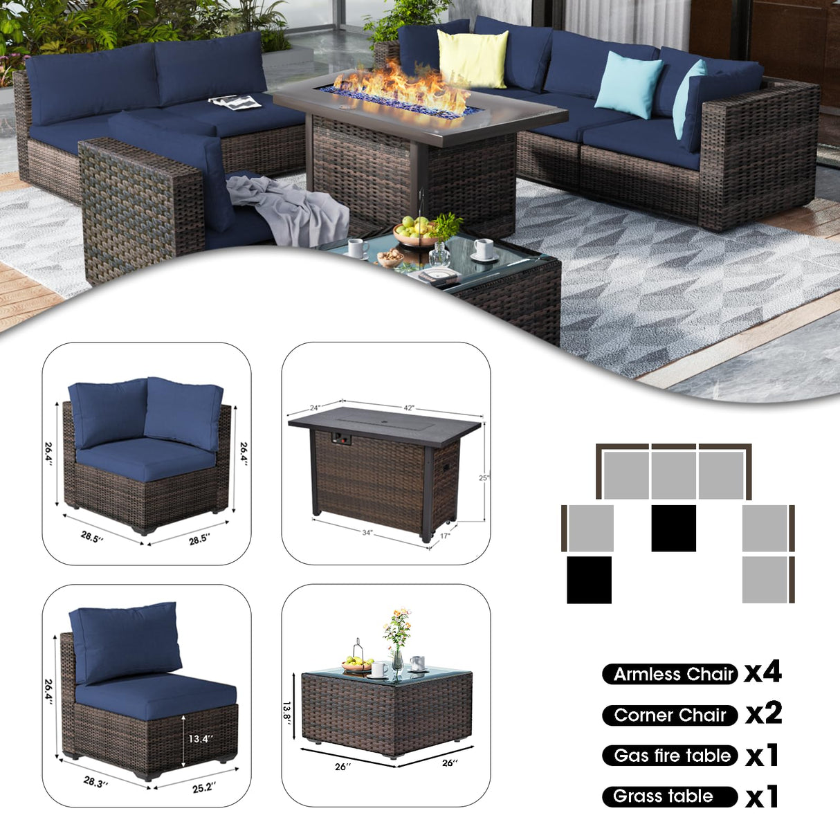 GREZJXC 8 Pieces Outdoor Sectional Patio Furniture Set with Fire Pit Table,PE Rattan Wicker Patio Sectional Conversation Set with Cushions and Glass Coffee Table Blue GREZJXC