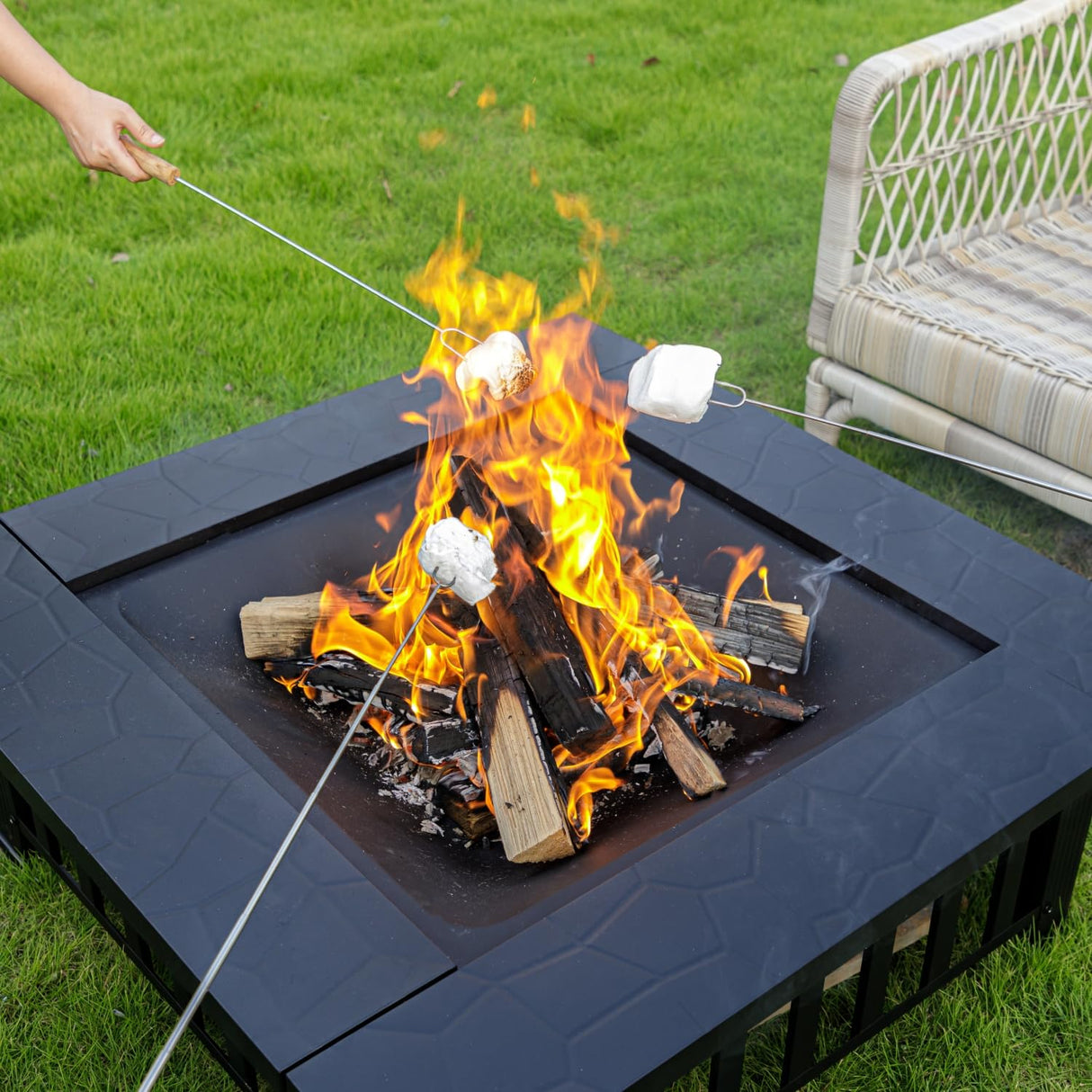 EcoNook 32 inch Fire Pit, Square Outdoor Fire Pit Table with Spark Screen & Fire Poker, 3-in-1 Multipurpose Firepits for Outside, Fireplace for Yard, Garden, Patio EcoNook